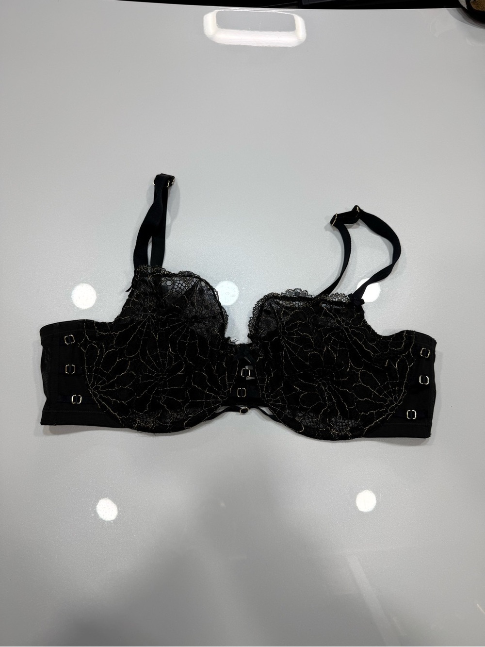 Cacique Black/Gold Seriously Sexy Unlined Balconette Strappy Bra 44DD Lace Strap